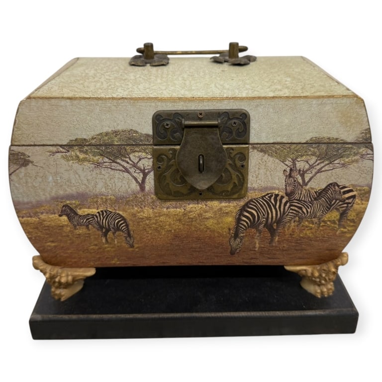 Vintage Zebra Chest on Pedestal: Vintage African Savannah zebra chest mounted on pedestal. No make or marks. Shows signs of age and wear throughout, otherwise in good condition. Measures 8 1/2" height, 10 3/8" width and 6 3/4" depth 