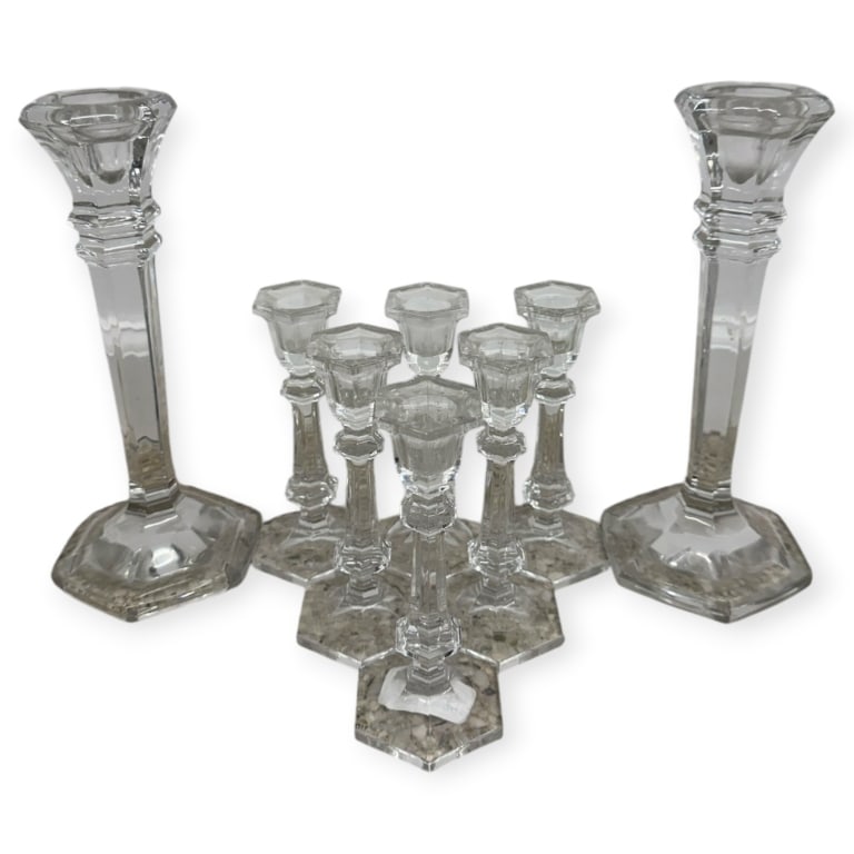 Set of 8 Vintage Crystal Candelabras: Set of 8 Vintage Crystal Candelabras. All unmarked. All show some signs of age and wear, otherwise in good condition. Larger measures 10" height 20A