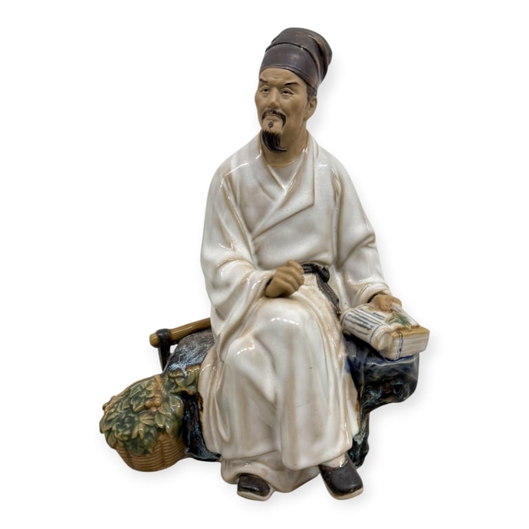 Vintage Chinese Clay Figure: Vintage Chinese Clay Figure "The Merchant". Stamped 'China' on bottom. Some signs of age and wear, otherwise in good condition. Measures 8 1/2" height 2B