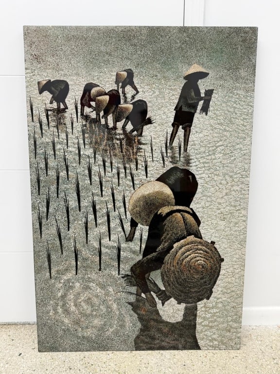 Vintage 1950s Vietnam Black Lacquer Panel Art: Vintage 1950s Vietnam Black Lacquer Panel Art "The Rice Farmers". In very good condition. Measures 47 1/4" x 31 1/2" 16A