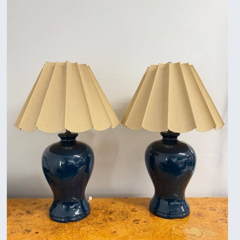 Pair Vintage Ceramic Jar Table Lamps: Pair of Vintage Ceramic Jar Table Lamps. Very deep blue color with nice pleated shades. Both in good condition. Measures approx 34" H x 8 1/2" diameter of base 7a