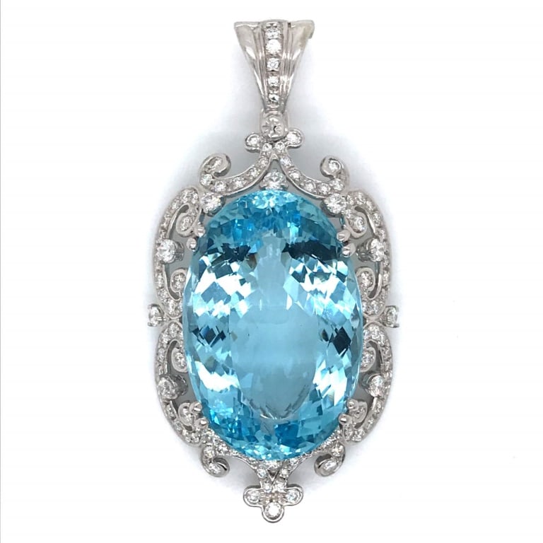 Prashnik Aquamarine and Diamond Pendant: Item # 6074 Category Necklaces Prashnik Aquamarine and Diamond Pendant Center is an Oval 51.92 Ct. Aquamarine Greenish Blue Color GIA Certificate # 6187644824 Mounted with 109 Round Diamonds Weighing 