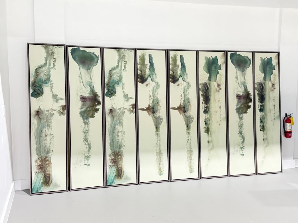 (8) Eight designer panels on canvas.: (8) Eight designer panels on canvas. Each measures 82 inches high x 19 inches wide