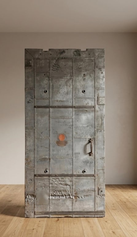 Vintage zinc fire door with Los Angeles maker mark: Vintage zinc fire door with Los Angeles makers mark
