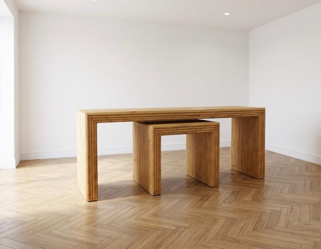 Pair of split bamboo tables: Pair of split bamboo tables Measures: 72 x 20 x 30 high 27 x 20 x 24 high
