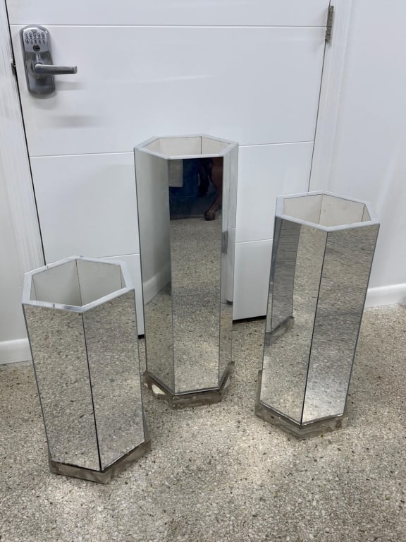 Set of Three Mirrored Hexagonal Planters: Set of Three Mirrored Hexagonal Planters. Matching set of planters with varying heights. Some minor separation of glass panels and regular signs of age and use, otherwise in good condition. Largest