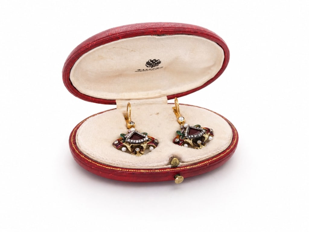 Unique Antique Russian gold enamel diamonds: Unique Antique Russian gold enamel diamonds earrings Beautiful Antique Russian 14 carat gold diamonds pearls ruby approximately 1.7 carats each (3.40 carats in total) stamped 56 and maker marks. The w