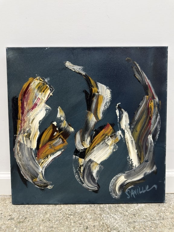 Kate Saville (b.20th c) Oil/Canvas: Kate Saville, American (b. 20th c) oil on canvas contemporary abstract painting "Synchronized Swimming". Signed lower right, on wood stretcher. In very good condition. Measures 20" x 20" 19B