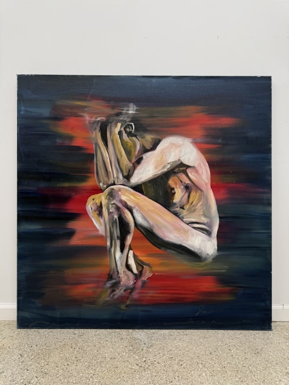 Kate Saville (b.20th c) Oil/Canvas: Kate Saville, American (b. 20th c) oil on canvas contemporary expressionist nude painting "Lost In Thought". Signed lower right, on wood stretcher. Some minor wear along the edges of the work, otherwi