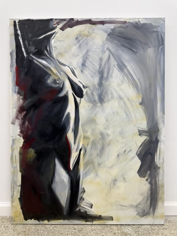 Kate Saville (b.20th c) Oil/Canvas: Kate Saville, American (b. 20th c) oil on canvas contemporary abstract expressionist nude painting "Rule Of Thirds". Unsigned, on wood stretcher. In good condition. Measures 48" x 36" BW