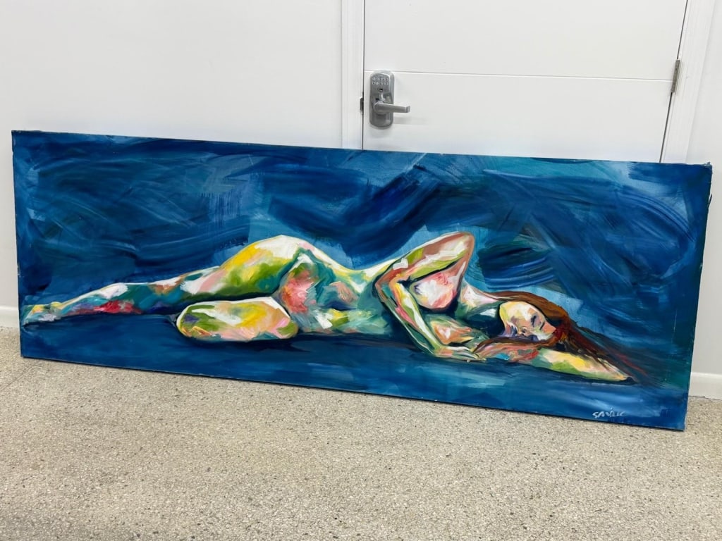 Kate Saville, American (b.20th c) Oil on Canvas: Kate Saville, American (b.20th c) Oil on Canvas Contemporary Nude expressionist composition Oil on canvas Measures: 32 H x 90 wide