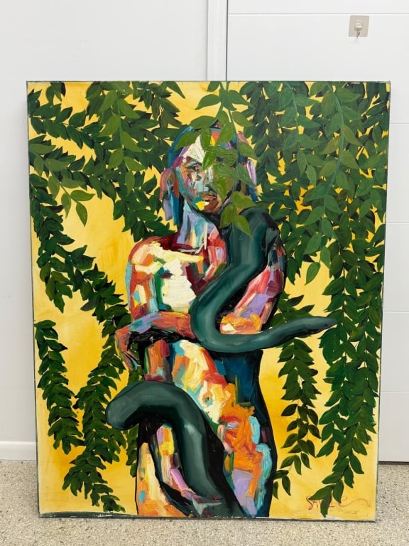 Kate Saville, American (b.20th c) Oil on Canvas: Kate Saville, American (b.20th c) Oil on Canvas Oil on canvas "Jungle Nude Scene with Snake" Modern figural composition with expressive color and bold brushwork Measures: 60H x 48 inches wide