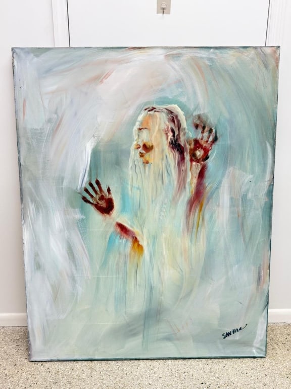 Kate Saville, American (b.20th c) Oil on Canvas: Kate Saville, American (b.20th c) Oil on Canvas Oil on canvas "Nude against glass", Figural composition with loose brushwork and subtle tonal variation Measures: 60 H x 48 inches wide