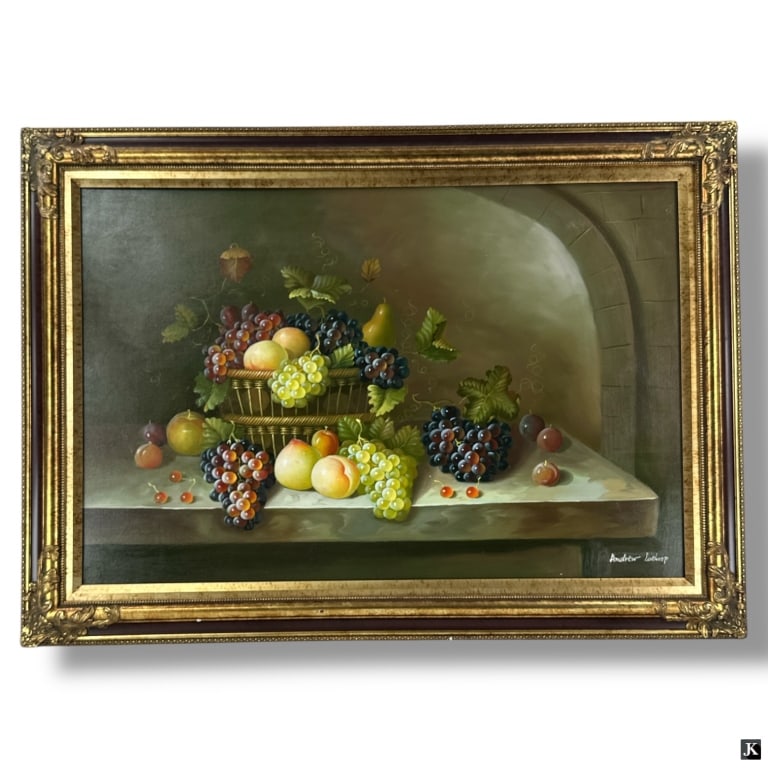 Large Modern Decorative Oil on Canvas "Still Life": Andrew Lathrop (20th C) – Large Modern Decorative Oil on Canvas “Still Life”Signed lower right. Nicely framed. Canvas measures 24" H x 36" W Frame measures 30-3/4" H x 42-3/4" W Very good condit