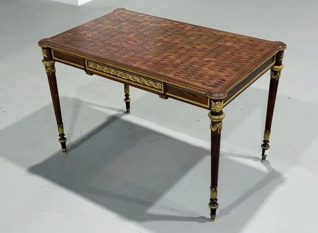 Maison Krieger French Bronze Table: Maison Krieger French Table. Very Fine Detail. Antique. 28 1/2 inches high x 44 inches wide x 27 1/2 inches wide.