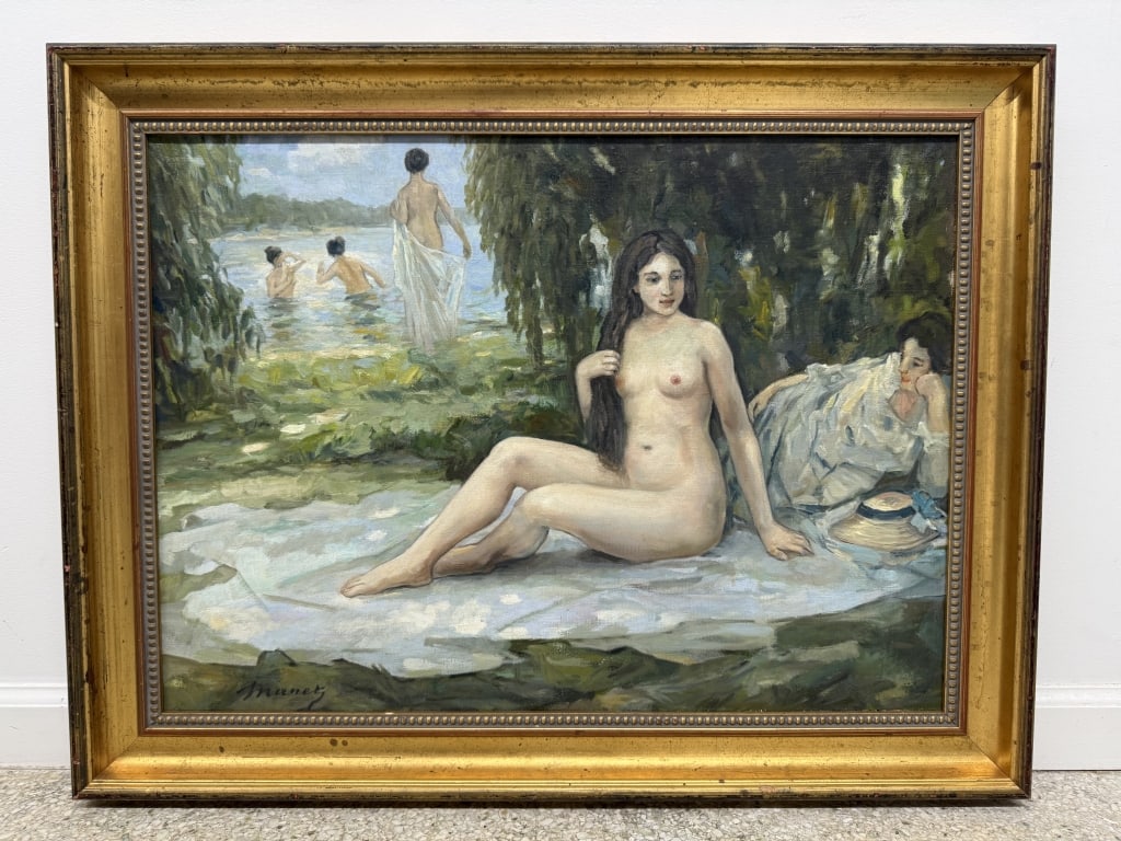 Attributed To: Edouard Manet Oil/Canvas: Attributed to: Edouard Manet, French (1832-1883) oil on canvas "Women Bathing". Signed lower left. Some wear on frame, otherwise work is in great condition. Frame measures 27 1/4" x 35 1/4" Work measu