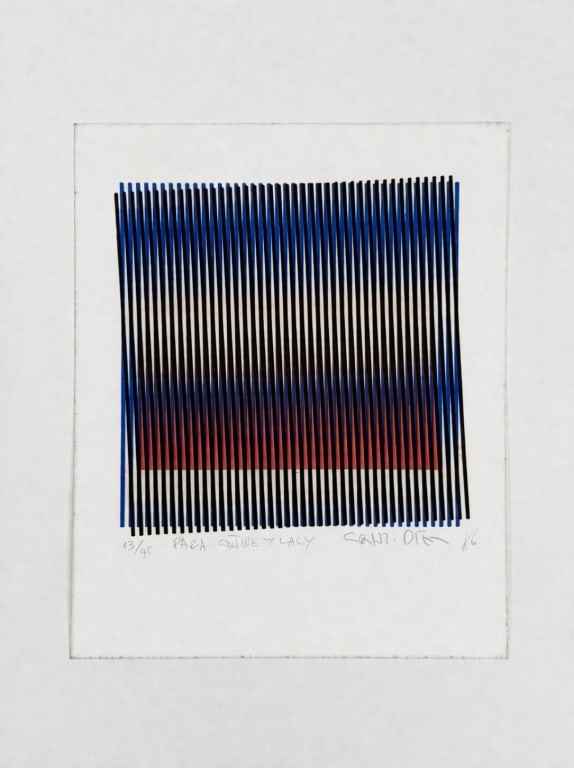 Carlos Cruz-Diez (1923-2019) Serigraph: Carlos Cruz-Diez, Venezuelan (1923-2019) signed serigraph. Signed and dated 86 lower right, numbered 63/75 lower left. Some illegible writing lower center. Writing verso on a sticker 'Azul Oscuro'. So
