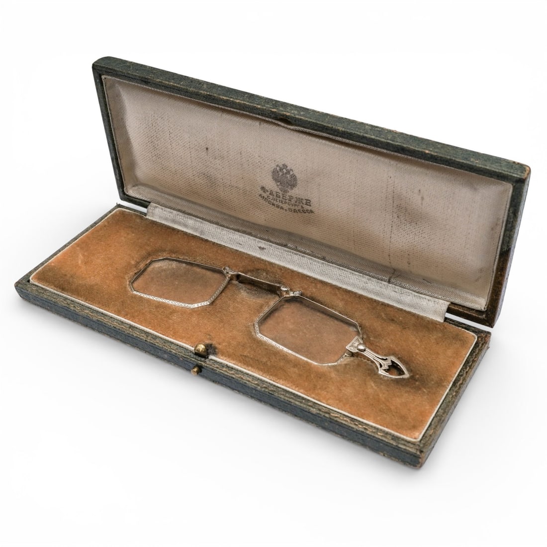 Imperial Faberge Era 14k White Gold Glasses: Imperial Faberge Era 14k White Gold Lorgnette GlassesImperial Faberge Era 14k White Gold Lorgnette GlassesLate 19th-Early 20th c., RussiaAntique 14k white gold folding lorgnette glasses. They are deco