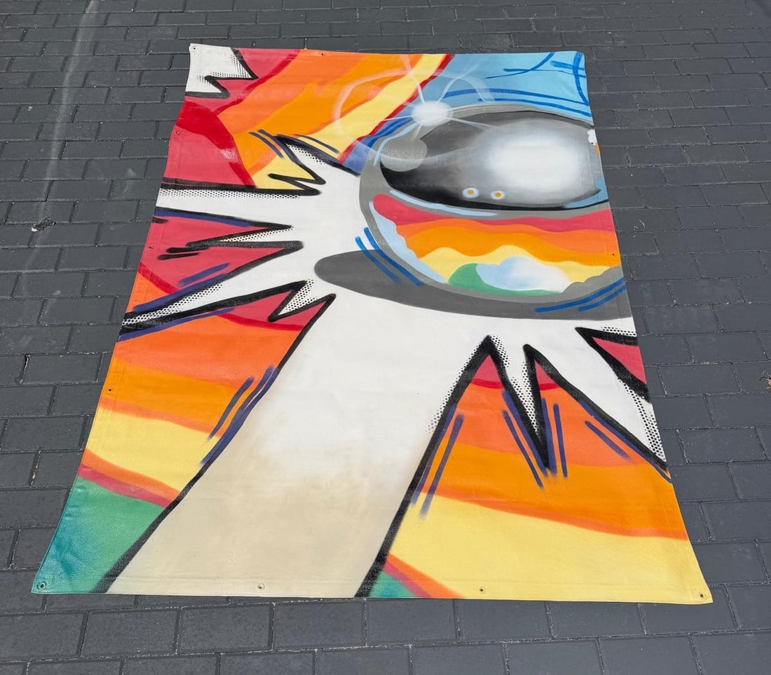 Matos crash graffiti on canvas: Matos crash graffiti on canvas.Was used as Graffiti poster rivets so it could be hung in the canvas Measures:82 inches high x 56 1/2 inches wide