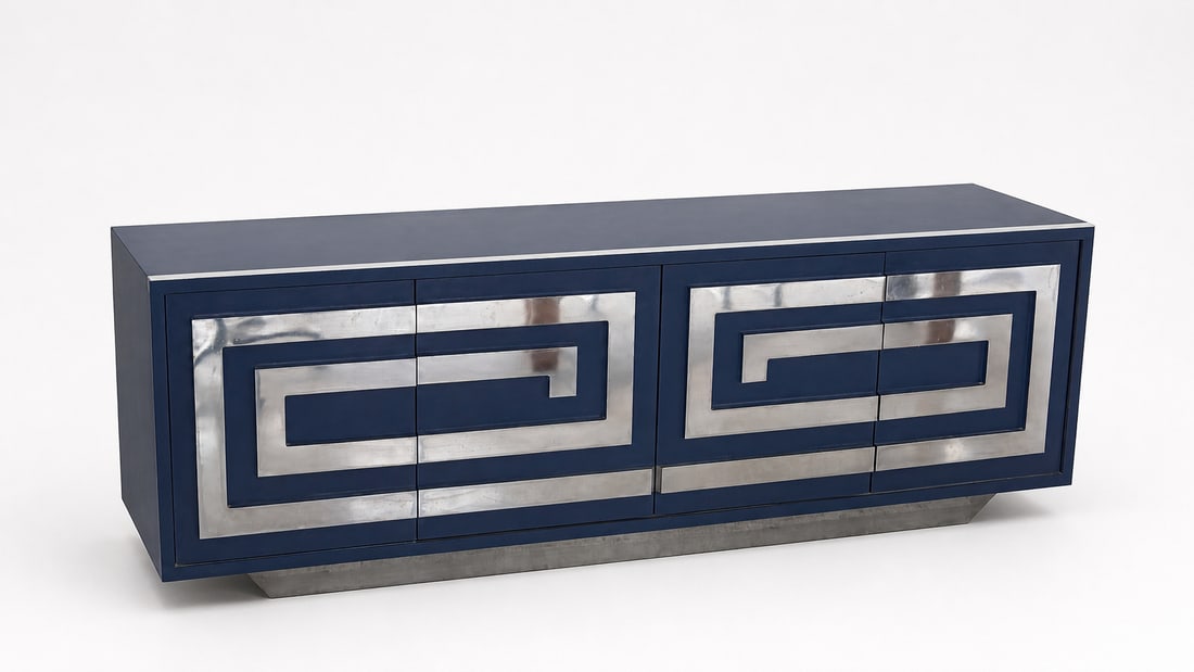 Modern Blue Lacquer and Metal Inlaid Credenza (1 of 3)