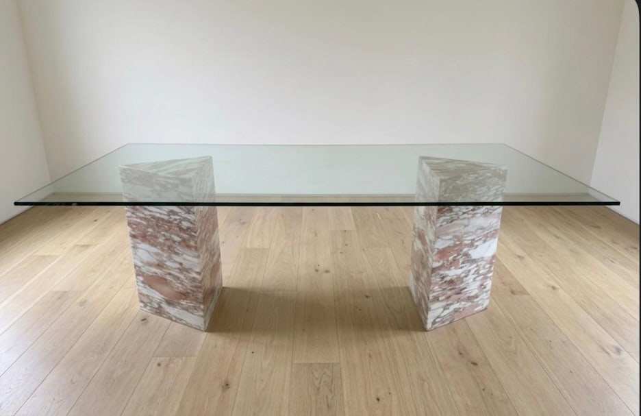 Pink Portuguese marble table bases with glass top: Pink Portuguese marble table bases with glass top Measurements: 82 long 31 high 39 deep Pick up location: Los Angeles, CA 90064