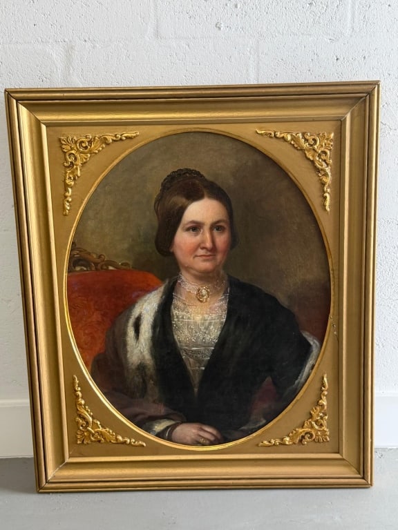 Mid-19th-century oil portrait of a woman: European or American academic painting from around the 1840s to 1850s Oil on canvas Measures: 30 h x 25 wide approx Total framed 36Hx31 wide