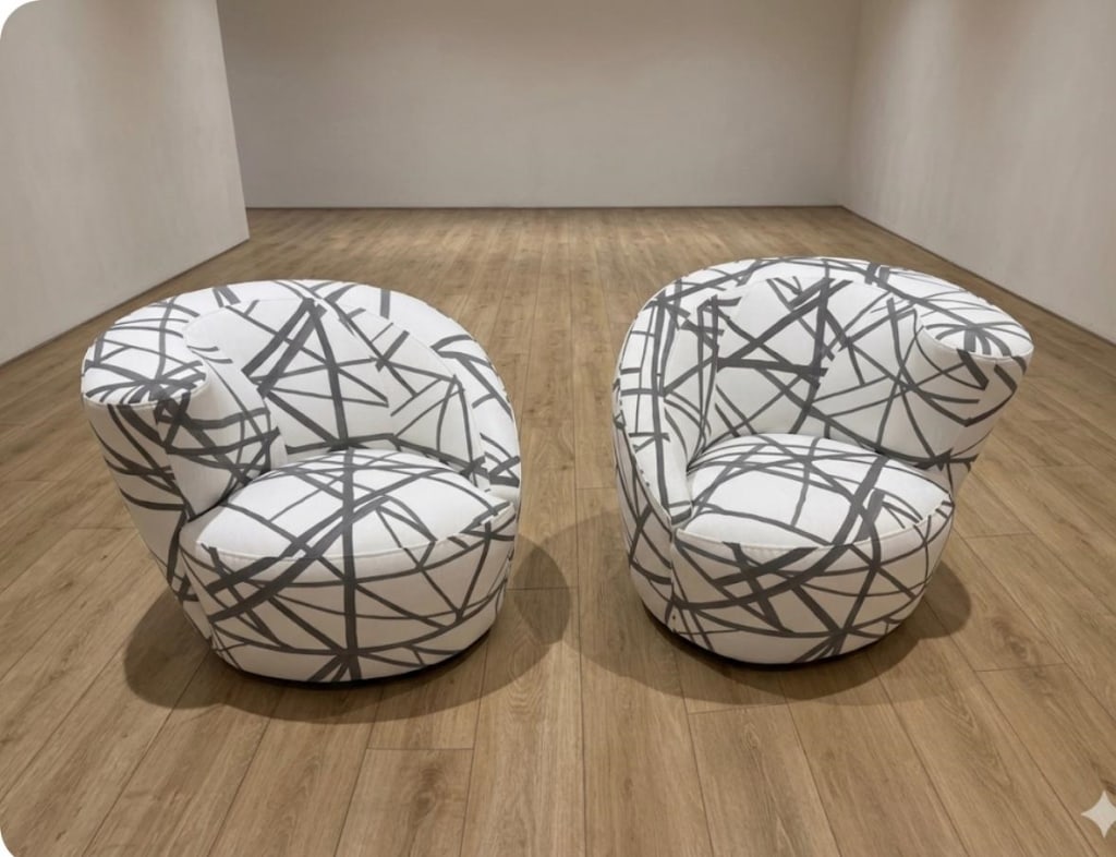 Pair of Vladimir Kagan “Corkscrew” Lounge Chairs: Pair of Vladimir Kagan for Directional “Corkscrew” Swivel Lounge Chairs, Reupholstered in Kelly Wearstler Channels FabricPick up location: Los Angeles, CA 90064