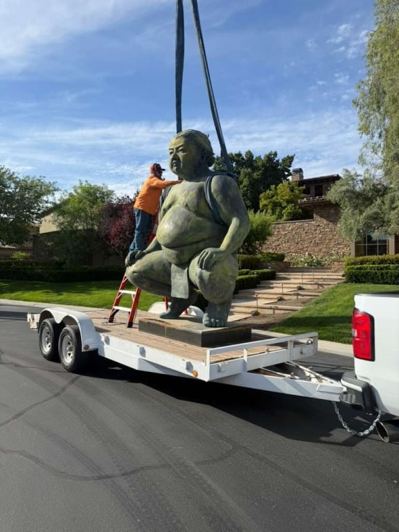 Alexandra Gestin, Monumental Bronze Sumo Wrestler: Alexandra Gestin (French/Belgian, b. 1967) Monumental Bronze "Sumo" Sculpture, Edition 1/8 Monumental patinated bronze sculpture depicting a crouching sumo wrestler, executed in Alexandra Gestin's