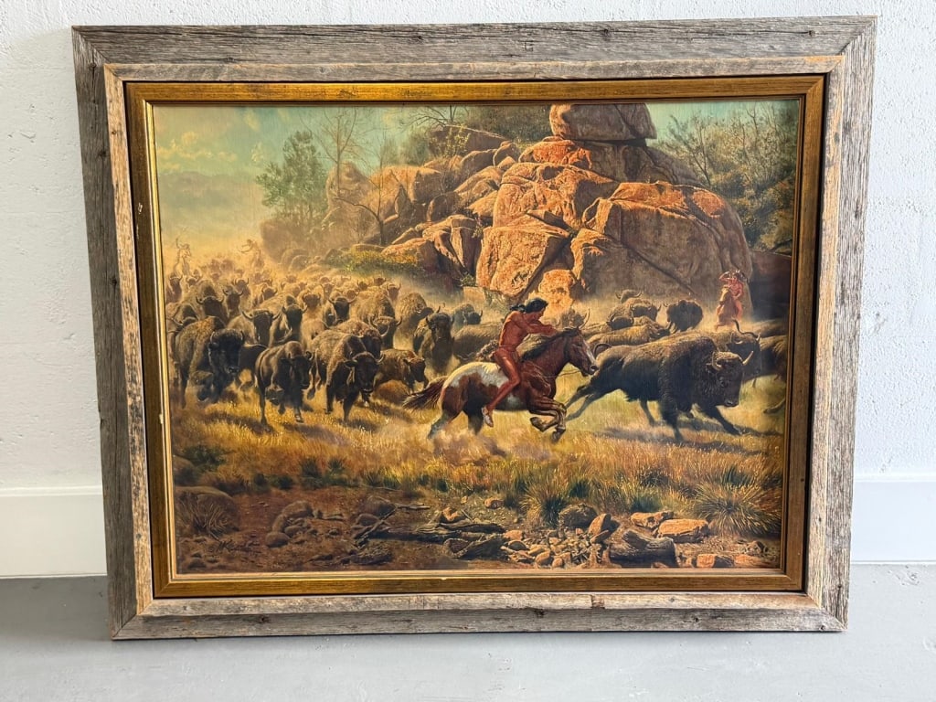 Mort Künstler "Going for the Big Bull" oil on canv: Original Mort Künstler "Going for the Big Bull" oil painting on canvas. Signed lower left. Measures: Art measures 26 h x 34 wide Total framed 34 H x 42 wide