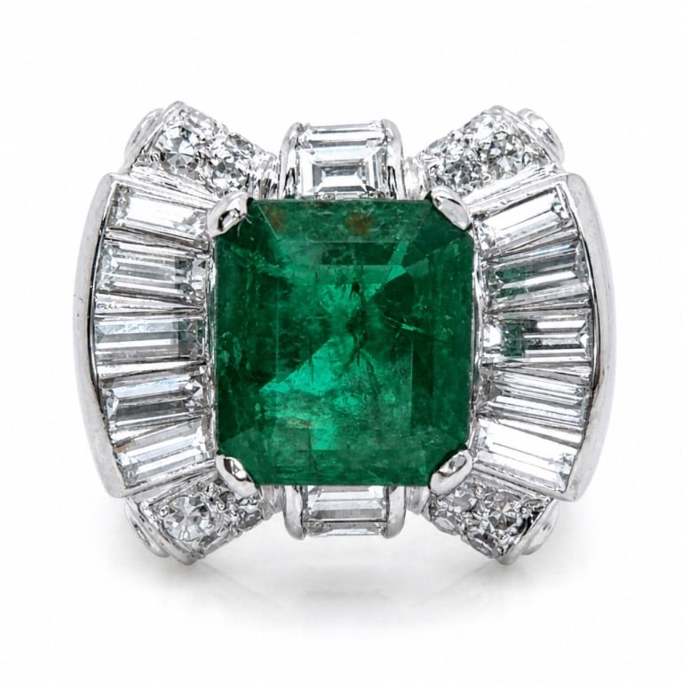 Art Deco Platinum Emerald & Diamond Ring (1 of 4)