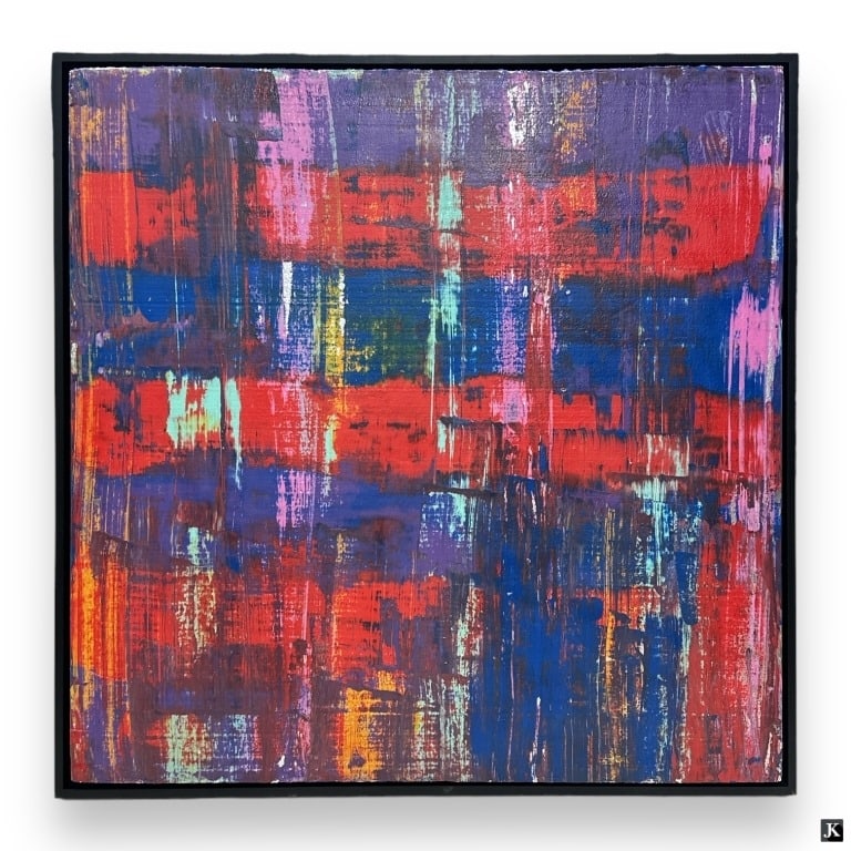 Unknown Artist Abstract Large Oil Painting/Canvas: Unknown artist oil painting on canvas reinforced by white science board depicting an abstract design with dominant red and blue tones. No apparent signature. Work is accompanied with a poem titled