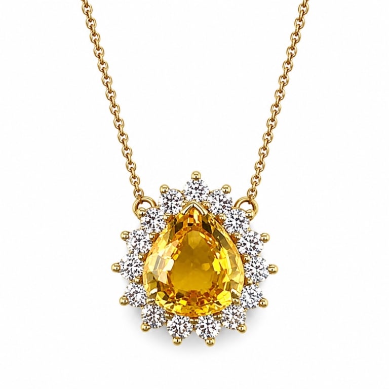 TIFFANY & CO. 18K Gold apphire & Diamond Necklace: Item # 14021 Category Necklaces TIFFANY & CO. 18K Yellow Gold GIA Certified 6.99 Ct. Ceylon Yellow Sapphire & Diamond Necklace Weighing 10.0 grams Set with a GIA Certified 6.99 Ct. Pear-shape Ceylon Y