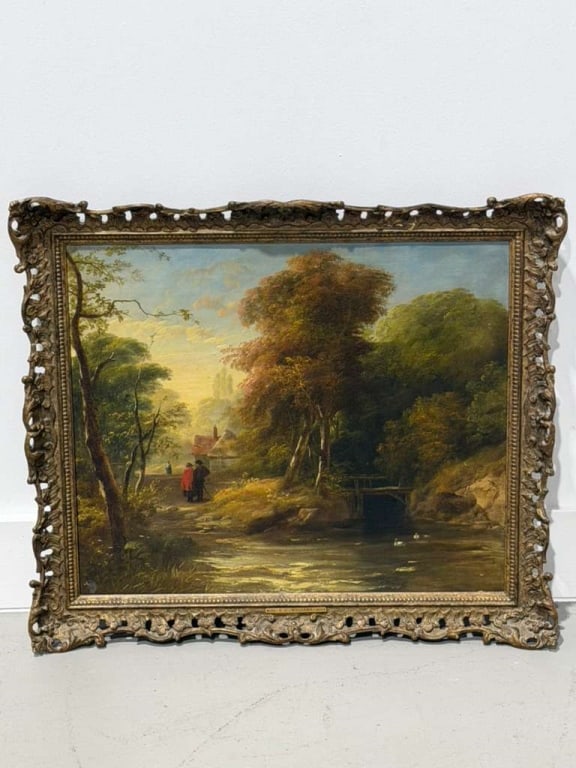 Attr. to Edward Charles Williams Oil on canvas.: Attributed to Edward Charles Williams, British, 1782-1855. Oil on canvas. Back of stretcher signed T Gainsborough 1727-1788. Measures: 20 inches high x 24 inches wide. Total Framed 26 h x 28 inches wi