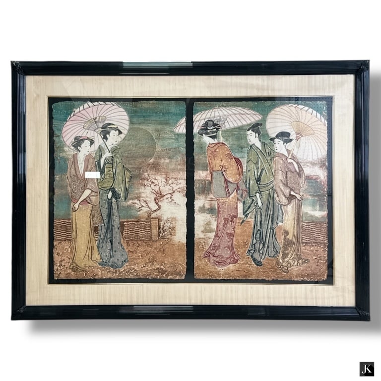 Mikulas Kravjansky Intaglio Collograph Diptych: Mikulas Kravjansky (Czech, born 1928) Intaglio Collograph Diptych "Ladies in the Garden". Pencil signed and numbered A.P. 7/25. Nicely framed, matted and presented under glass screen. Very good