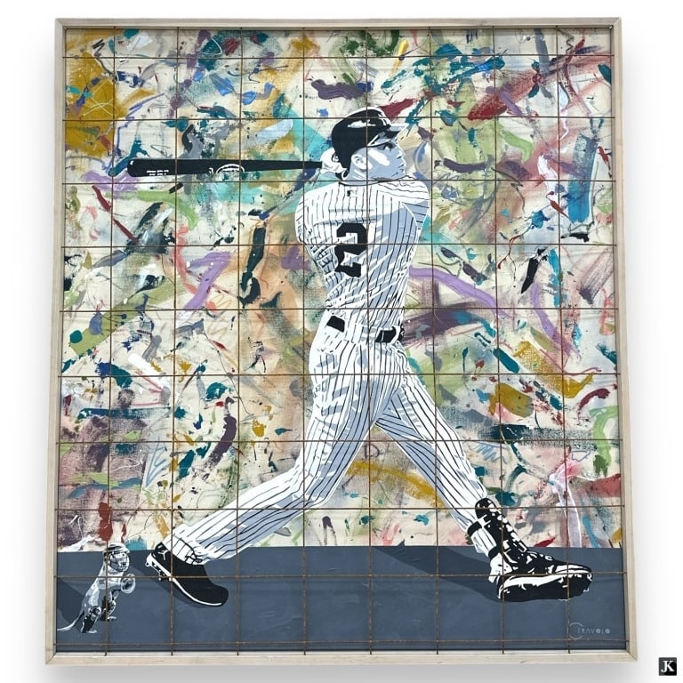 Jim Ceravolo (b. 1953) Mixed Media "Derek Jeter": Jim Ceravolo, American (Born 1953) Large mixed media of acrylic and screenprint under metal grate. "Derek Jeter". Signed lower left and inscribed with signature and dated 2013 verso. In good
