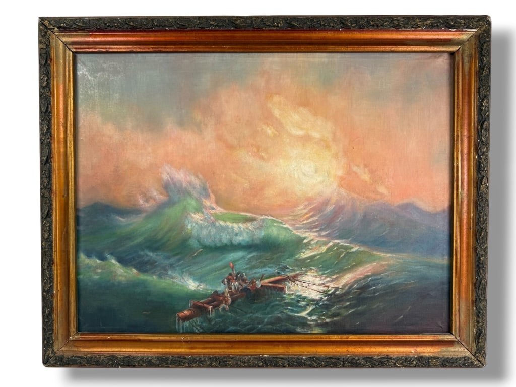 Attributed: Ivan Aivazovsky (1817-1900) Oil/Canvas: Attributed to: Ivan Aivazovsky, Russian (1817-1900) Oil/Canvas "The Ninth Wave". No apparent signature. Wear on frame and craquelure present, otherwise in good condition. Frame measures 28 1/2" x 36