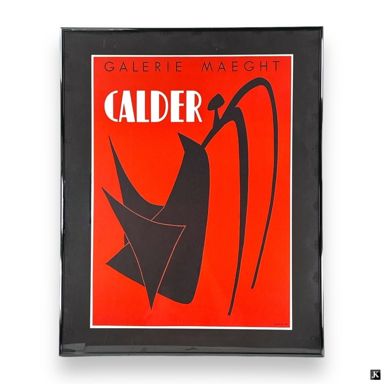 Galerie Maeght Alexander Calder Mourlot Poster: Galeries Maeght Alexander Calder exhibition poster by Mourlot IMP. Mounted in a gunmetal black metal frame behind glass screen. Work measures (Sight) approx. 29 1/2" x 23 1/2" Frame measures 30 3/8"