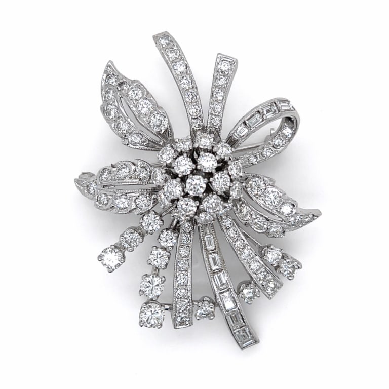 Art Deco Platinum 4.60 Ct. Diamond Brooch: Item # 13913 Category Pins - Clips Art Deco Platinum 4.60 Ct. Diamond Brooch Weighing 12.8 grams Set with app. 4.60 Ct. of Diamonds F-H Color, VVS-VS Clarity 2 inches in length