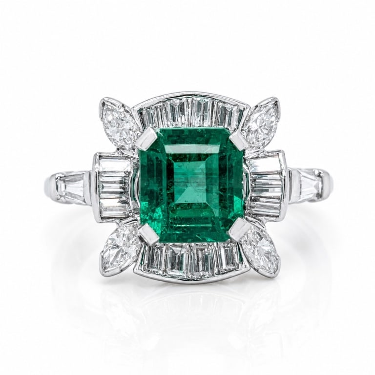 Platinum 2.20 Ct. Emerald & Diamond Ring: Item # 14040 Category Rings Platinum 2.20 Ct. Emerald & Diamond Ring Weighing 7.4 grams Set with an app. 2.20 Ct. Emerald Along with 20 Diamonds weighing app. 1.30 Ct. F-G Color, VVS-VS Clarity Ring S