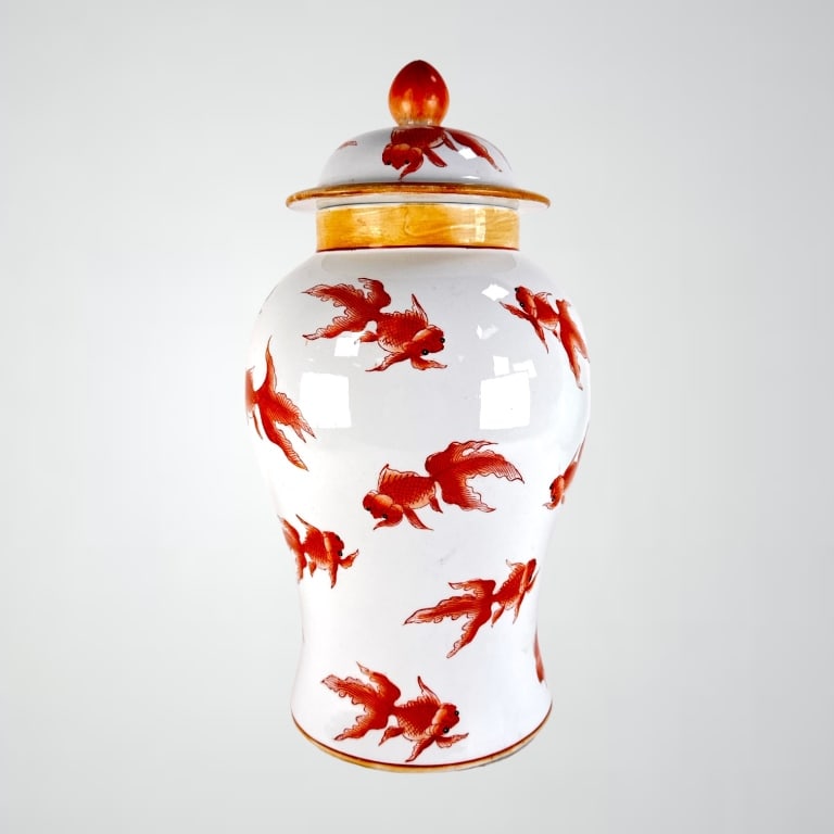 19th Century Chinese White Glazed Goldfish Urn: 19th Century Chinese Porcelain White Glazed Goldfish Urn. Stamped on bottom. Shows some signs of age and wear, otherwise in good condition. Measures approx 15 1/2" H 102961 /LR