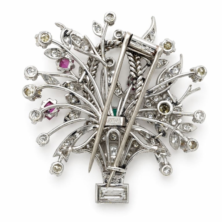 WALSER WALD Platinum Diamond, Emerald, Ruby Brooch - 3