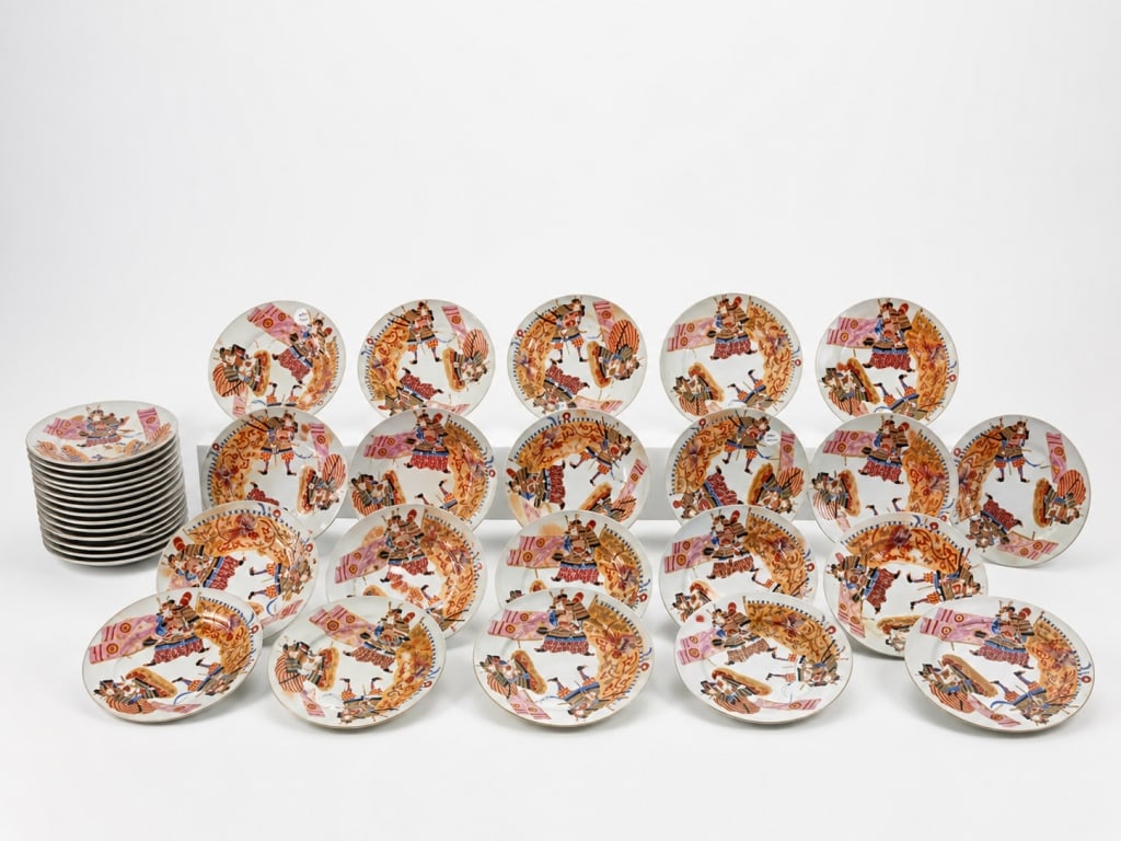 Japanese porcelain plates in the Kutani style: Large group of Japanese porcelain plates in the Kutani style, each decorated with vivid polychrome figural scenes of traditional warriors and attendants within scrolling borders. The designs are execu