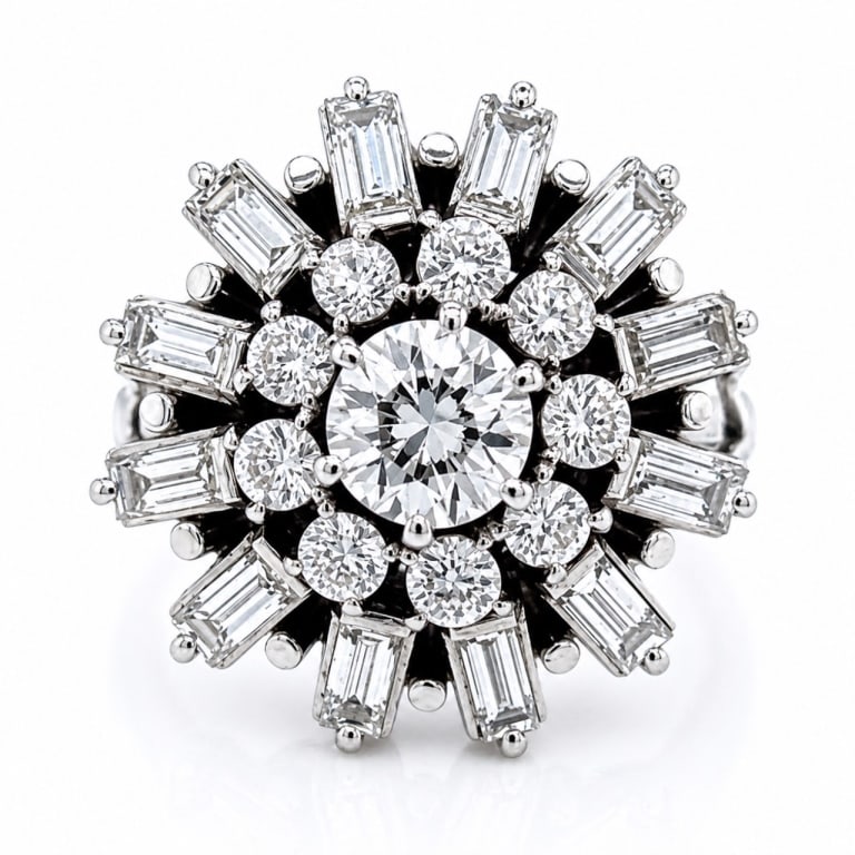 Art Deco Platinum Diamond Ring: Item # 13979 Category Rings Art Deco Platinum Diamond Ring Weighing 10.9 grams Set with an app. 0.60 Ct. Diamond in center Along with 12 Baguette Diamonds weighing app. 1.50 Ct. And 9 Diamonds
