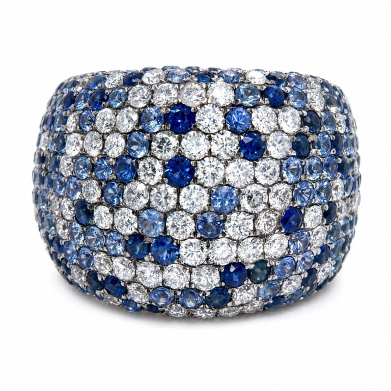 18K White Gold Sapphire & Diamond Ring: Item # 13973 Category Rings 18K White Gold Sapphire & Diamond Ring Weighing 14.9 grams Set with 79 Diamonds weighing app. 2.40 Ct. G-I Color, VS1-SI2 Clarity Along with app. 5.00 Ct. of Sapphires
