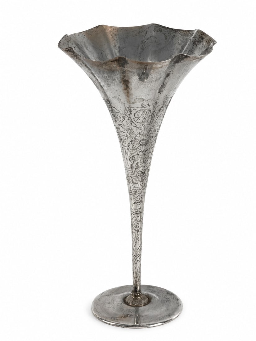 Rare Tiffany Sterling Trumpet Vase: Rare Tiffany Sterling Trumpet Vase#925-1000Measures: 13 inches high by 7 inches diameter