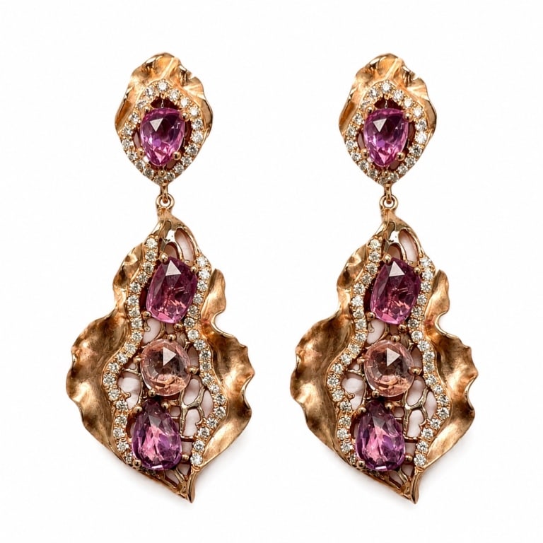 18K Rose Gold Sapphire & Diamond Earrings: Item # 14060 Category Earrings 18K Rose Gold Sapphire & Diamond Earrings Weighing 10.9 grams Set with 0.79 Ct. of Diamonds (Stamped weight) I-J Color, VS1-SI1 Clarity Along with 8 Sapphires weighing 4