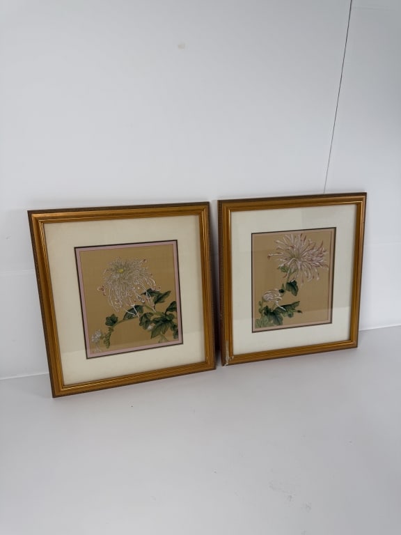 Pair Framed Japanese Print On Silk: Pair Framed Japanese Print On Silk "Chrysanthemums". Unsigned. Both matted and framed. Some wear on frames, otherwise both pieces are in good condition. Both measure Frame 16 1/2" x 15" Work (sight) 9