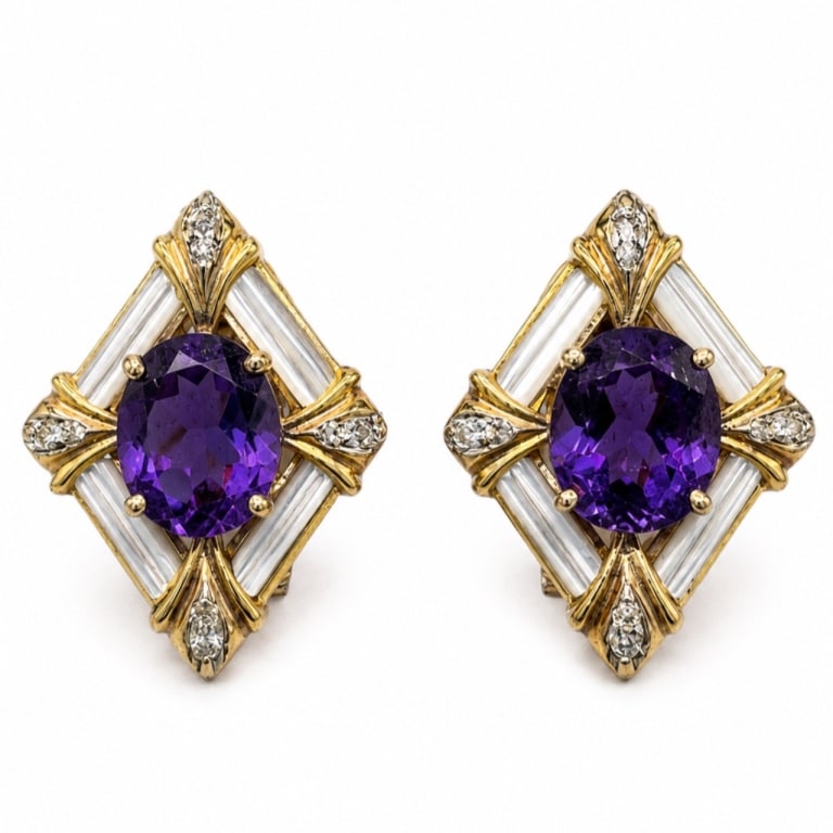 14K Yellow Gold Amethyst & Diamond Earrings (1 of 5)
