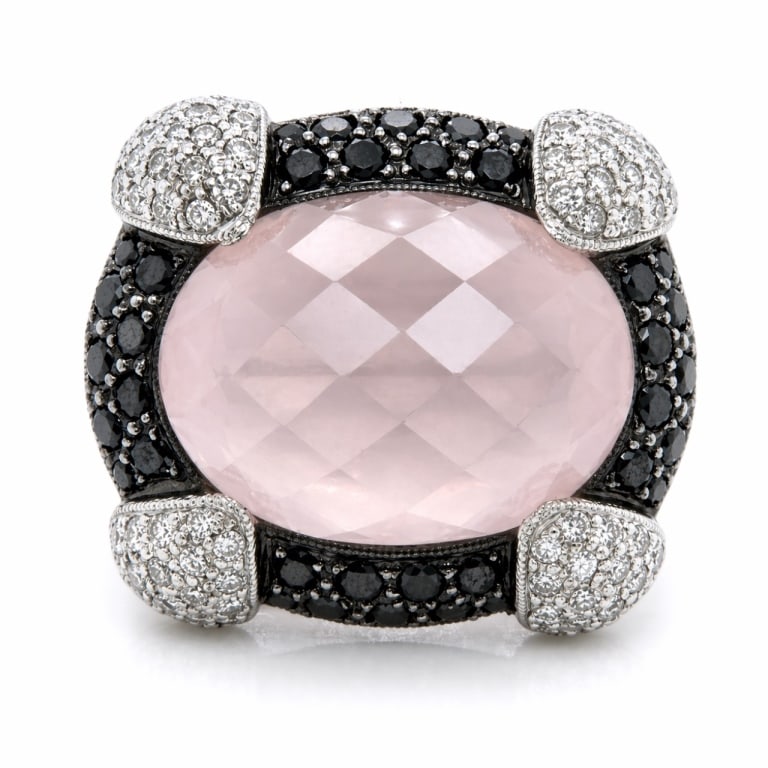 18K White Gold Rose Quartz & Black Diamond Ring (1 of 4)