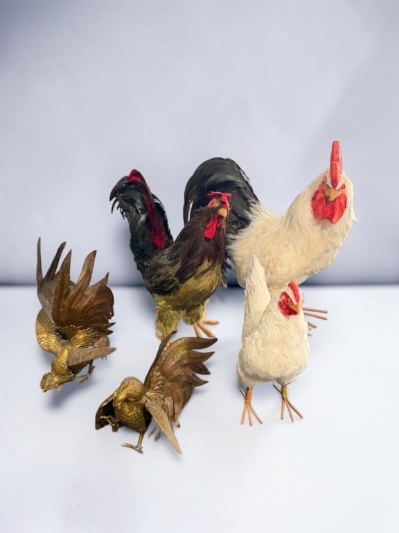Collection of Decorative Rooster Figures: Collection of Decorative Rooster Figures Group of assorted decorative rooster figures, including feather-covered examples and gilt-tone metal rooster sculptures. Featuring naturalistic forms and color